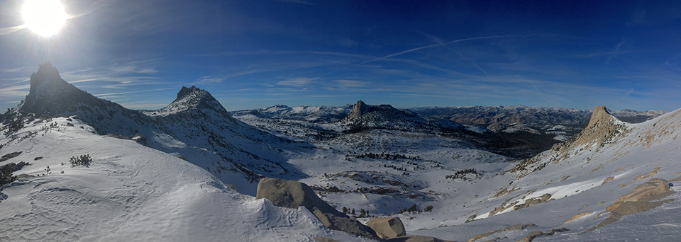 Left to right: The Cockscomb, Cathedral Peak, and Unicorn Peak on January 14, 2021.