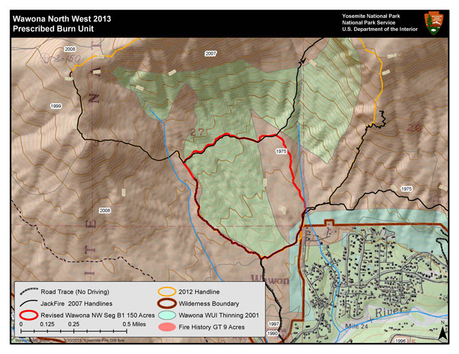 Map showing fire area northwest of Wawona