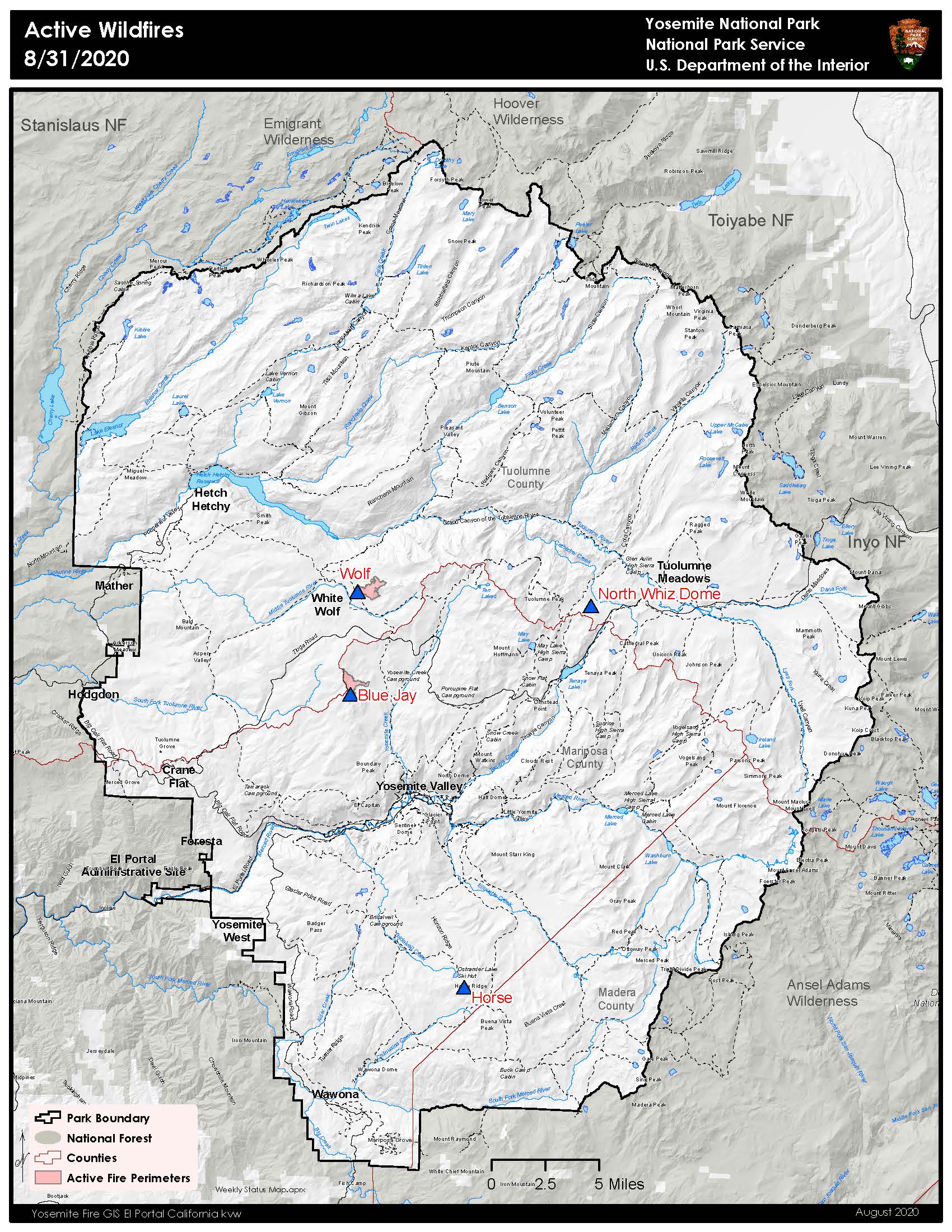 Map showing fires in Yosemite