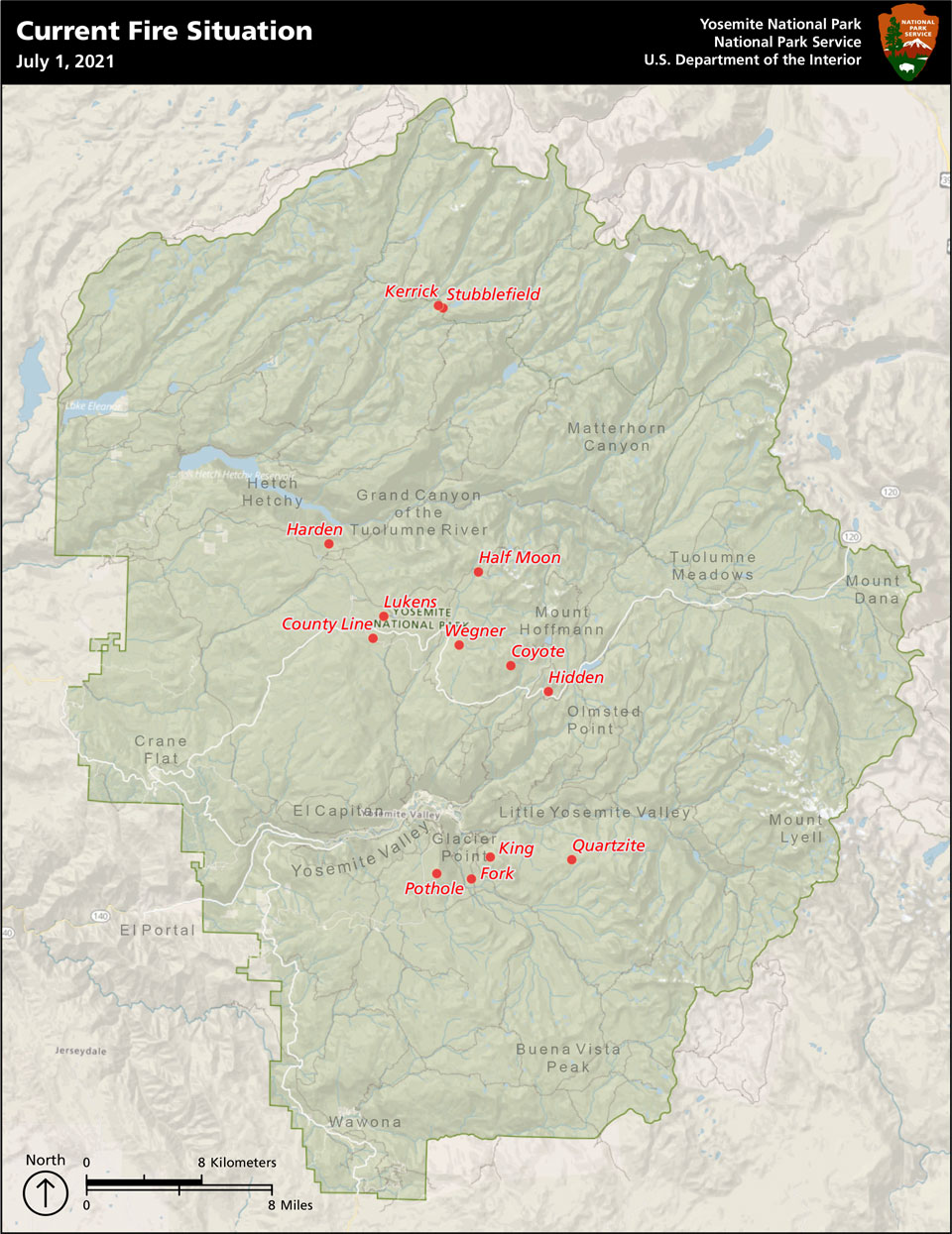 Map of Yosemite National Park showing fires scattered throughout the park