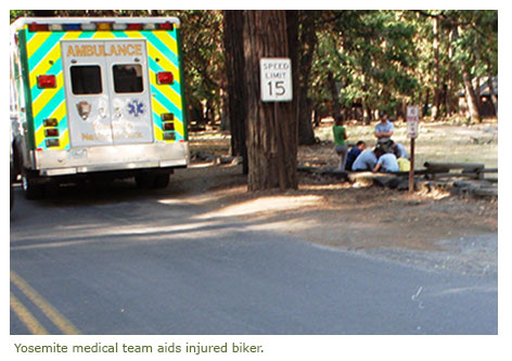 Yosemite medical team aids injured biker.