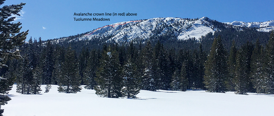Avalanche crown line (shown in red) above Tuolumne Meadows occurring on north facing slope and gully on April 5-6, 2020.