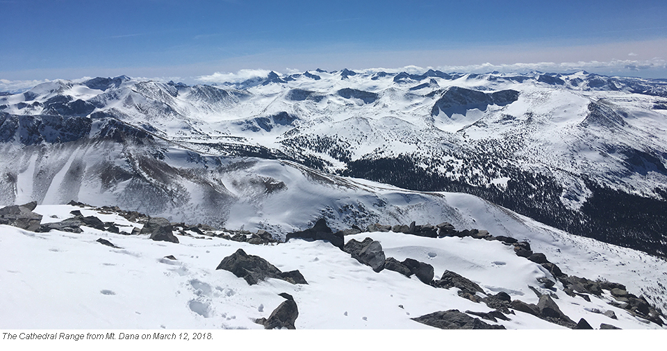 Snow covered cathedral range as seen from Mt. Dana on March 12, 2018.