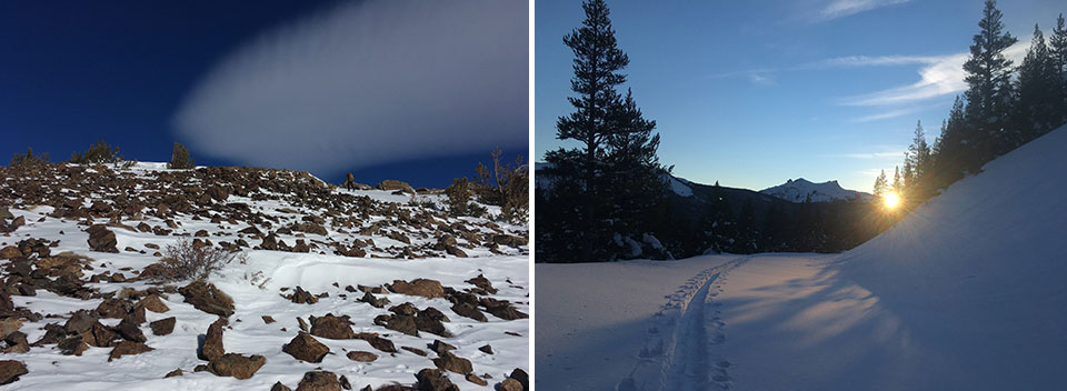 Left image, Skier climbing the wind scoured slopes of Gaylor Peak; Right: Sunset and ski tracks on Tioga Road
