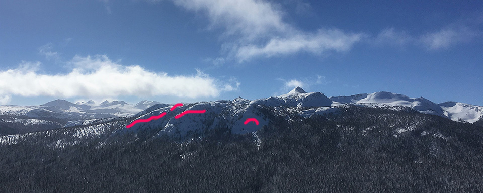 Avalanches (show with red lines) on Johnson Peak on February 6, 2019