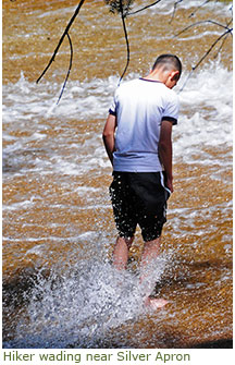 Person wading in water swiftly gliding over rock