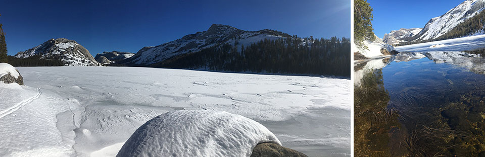 Left image: Frozen, snow covered Tenaya Lake on January 25, 2022; Right image: Melted Tenaya Lake outlet on January 24, 2022.