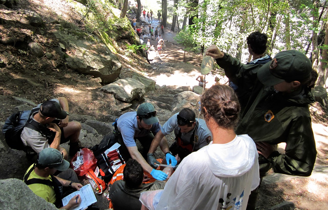 Patient care on Mist Trail steps.