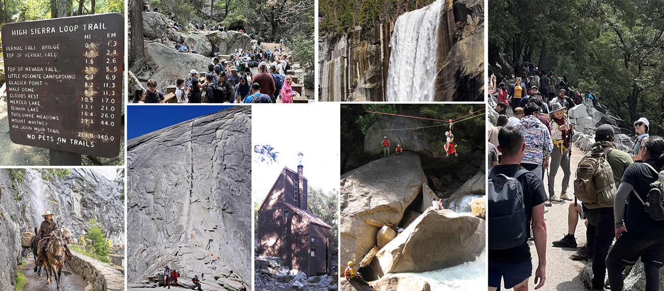 A picture collage featuring trail signs, crowded trail conditions, a composting toilet, the Half Dome Cables, and mule packing along the corridor.