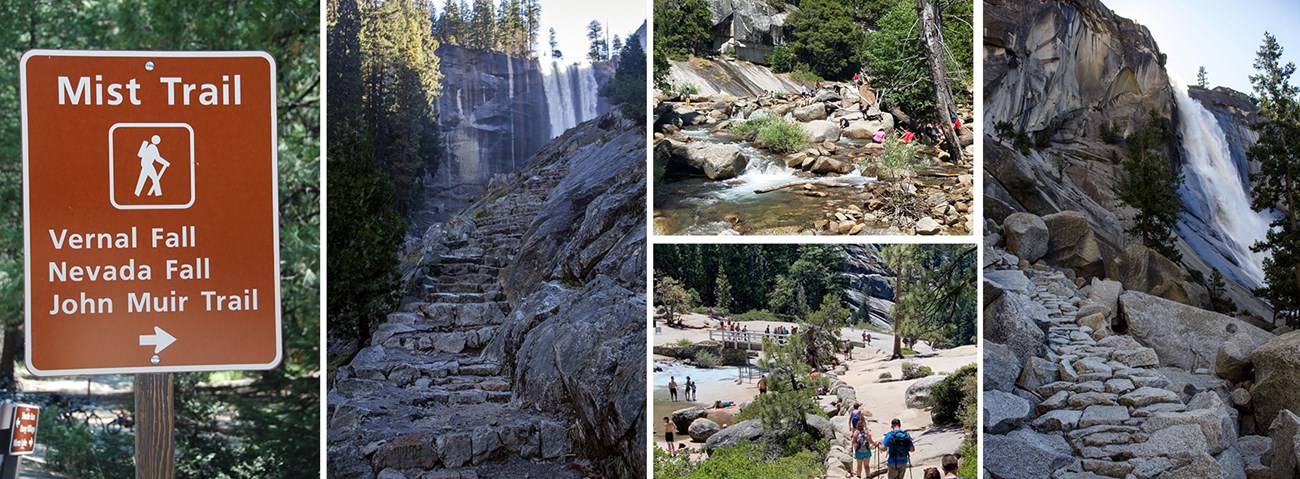 From left to right: Mist Trail sign, Vernal Fall, visitors on boulders near water, Nevada Fall.