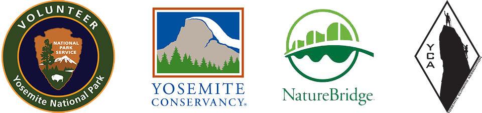 Logos of Yosemite National Park's volunteer program, Yosemite Conservancy, NatureBridge, and Yosemite Climbing Association