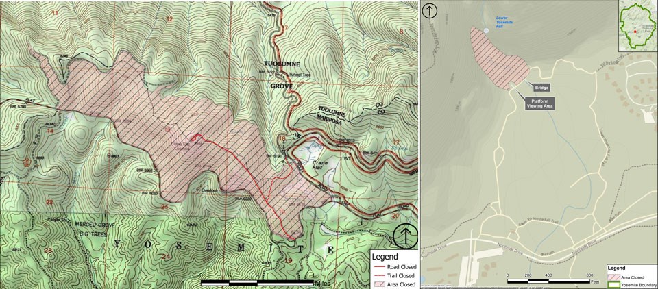 Map showing closure of Lower Yosemite Fall boulders and Crane Flat helibase