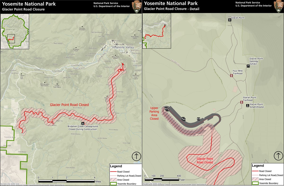 Map showing entire length of Glacier Point Road (including 100 feet either side of it) closed, except for where the Pohono Trail crosses it just above Glacier Point
