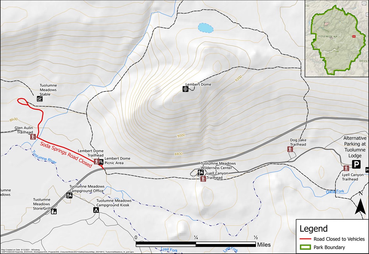 Map showing closure of road from Tioga Road to TM stable and Lembert Dome picnic area