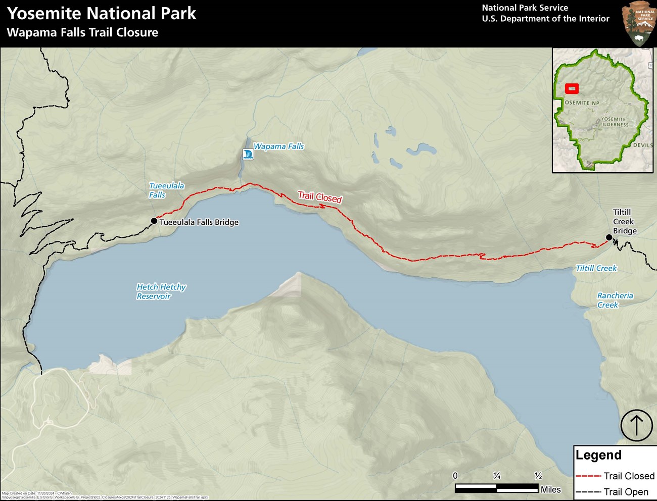 Map showing trail closed from Tueeulala Falls bridge to Tilltill Creek bridge in Hetch Hetchy