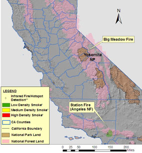 Map of smoke and its density from fires throughout central and southern California