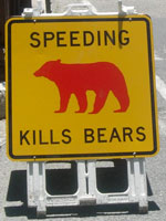Yellow road sign with a red bear image on it