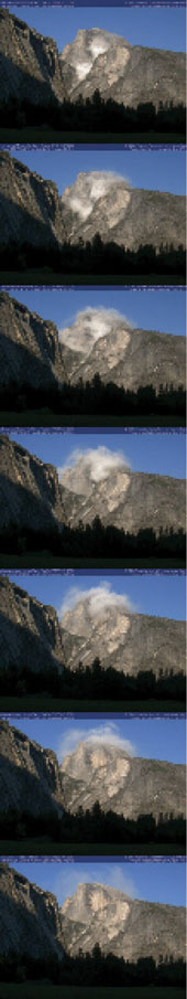 Seven panels connect a timelapse of a rockfall