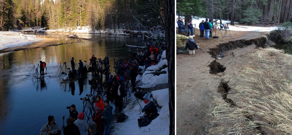 Photo on left shows people with tripods standing in river; photo on right shows a riverbank detaching and beginning to fall into the river