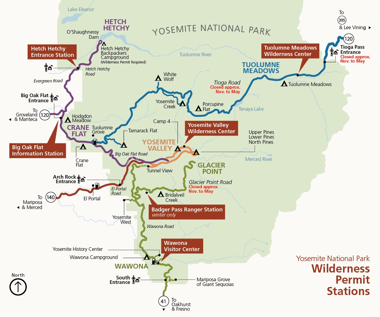 A map of Yosemite shows the locations of six permit stations: Yosemite Valley Wilderness Center, Tuolumne Meadows Wilderness Center, Wawona Visitor Center, Hetch Hetchy Entrance Station, Big Oak Flat Information Station, and Badger Pass Ranger Station.