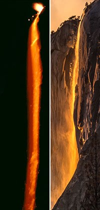 Embers pour over a cliff (left) while a waterfall is illuminated by sunset color (right)