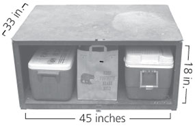 Food locker measuring 33 inches deep by 45 inches wide by 18 inches tall