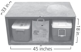 Food locker measuring 33 inches deep by 45 inches wide by 18 inches tall