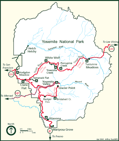 Road map of Yosemite National Park