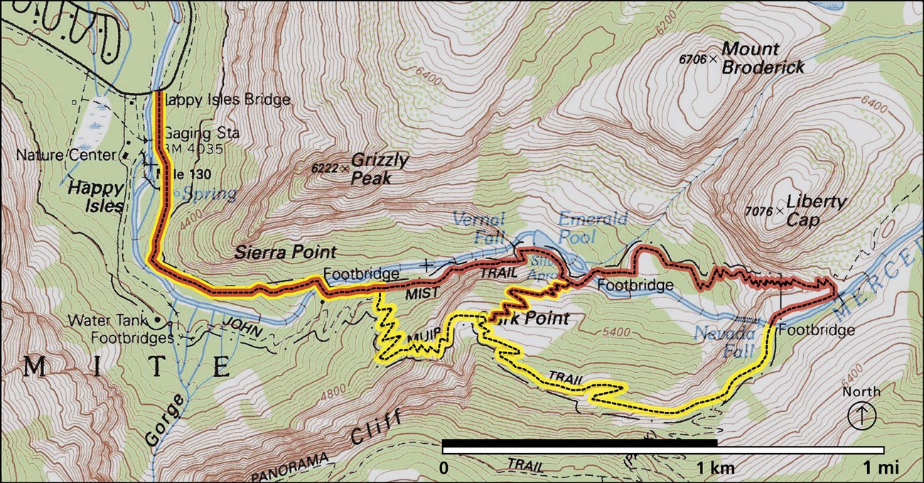 Map showing trails to the tops of Vernal and Nevada Falls, a series of loops that gain at least 2,000 feet (to Nevada Fall)