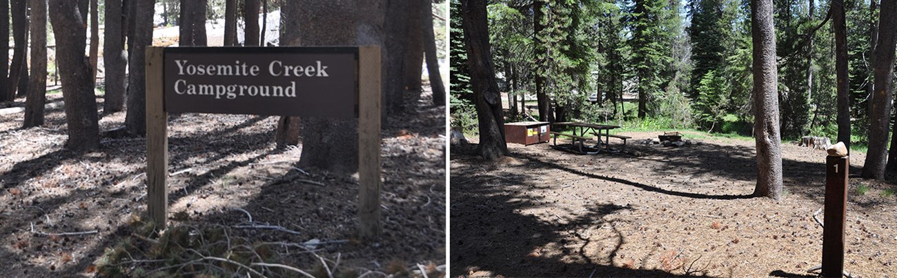 Left image: Yosemite Creek Campground Entrance Sign; Right image: Empty campsite in campground