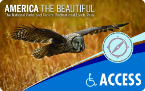 Image of Access Pass showing flying owl, blue stylized compass. Text at top left reads: America The Beautiful The National Parks and Federal Recreational Lands Pass. Text at lower right reads: ACCESS
