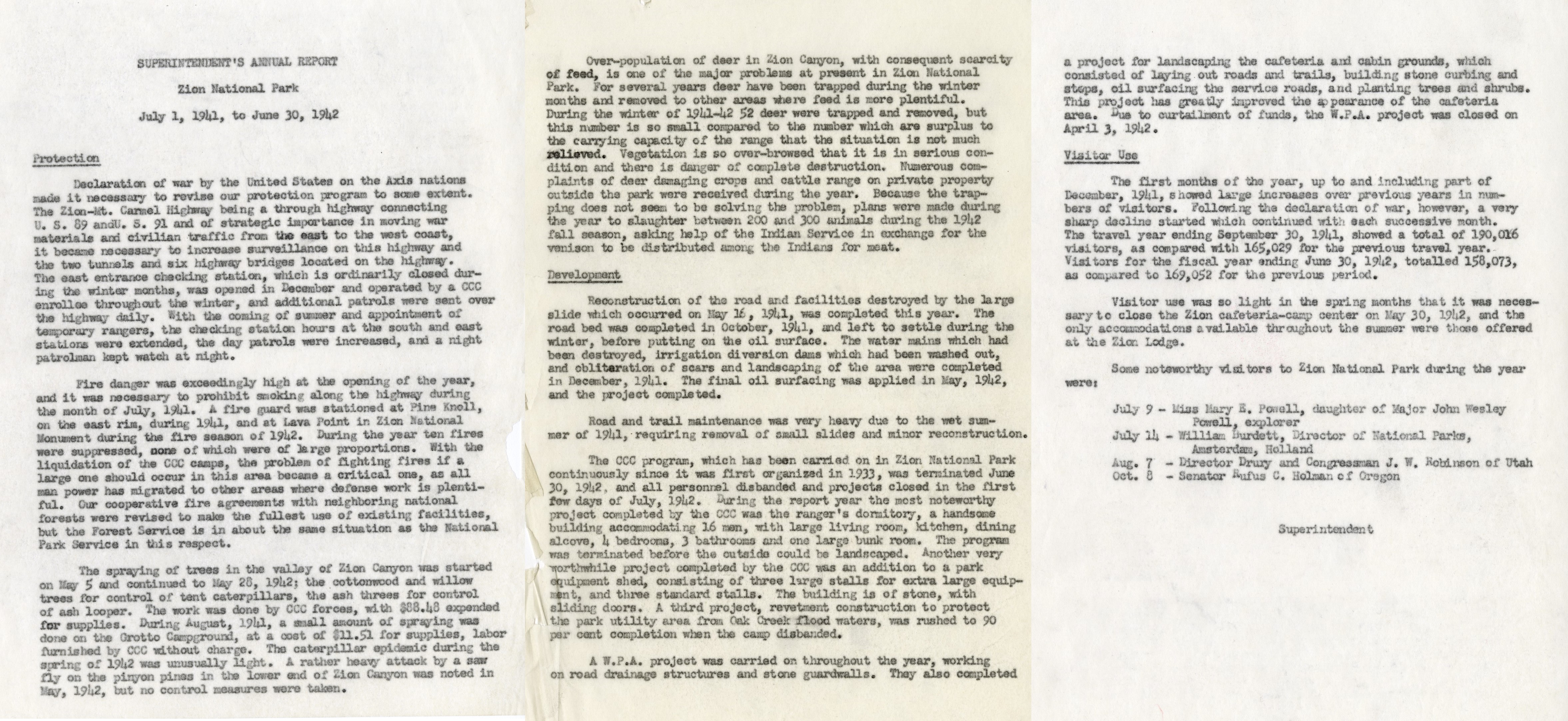Three pages of the Superintendents annual report - 1941-1942, typed on paper.