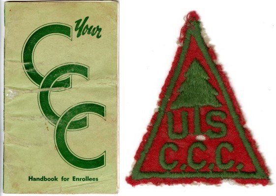 Two images: Left is the cover of a handbook with green writing "Your CCC handbook for enrollees" and the right is a red and green triangle patch that says US CCC with a pine tree.