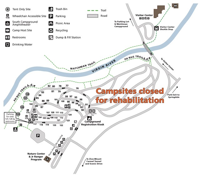 Schematic showing 52 open campsites in two loops of South Campground with text marking area closed for rehabilitation.
