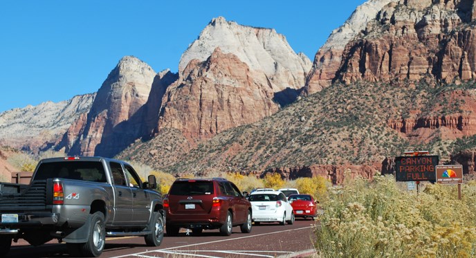 Traffic backed up at the entrance to Zion National Park.