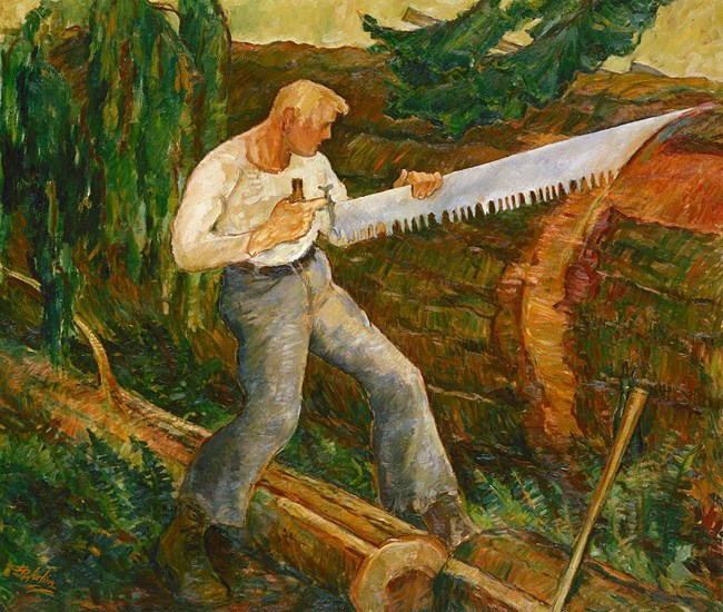 The Timber Bucker by Ernest Ralph Norling, 1934. Collection of the Smithsonian American Art Museum (1965.18.35). A brightly colored painting. A blond, muscular white man is using a large saw to cut a log that is as wide as he is tall. He is wearing a white shirt, jeans, and boots. Lush foliage surrounds him.