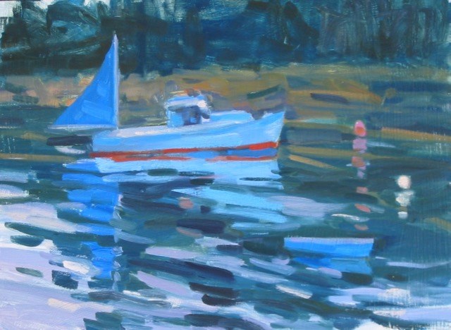 Oil painting of a sailboat. Mostly shades of blue, large brushstrokes used in impressionist style