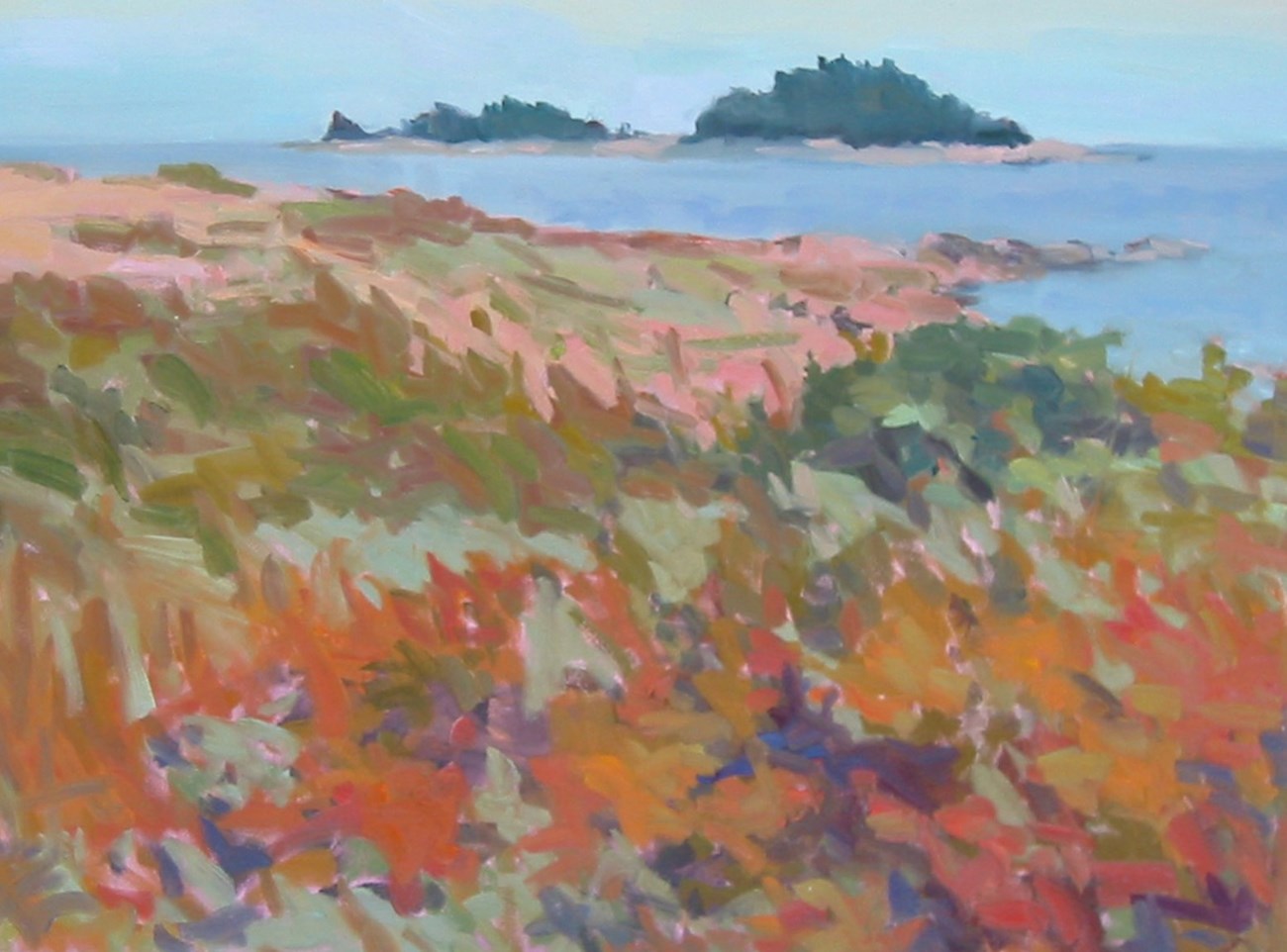 Oil painting of the shoreline with islands in the distance. Impressionist style used with broad brushstrokes and a wide range of colors from dark browns to light pink.