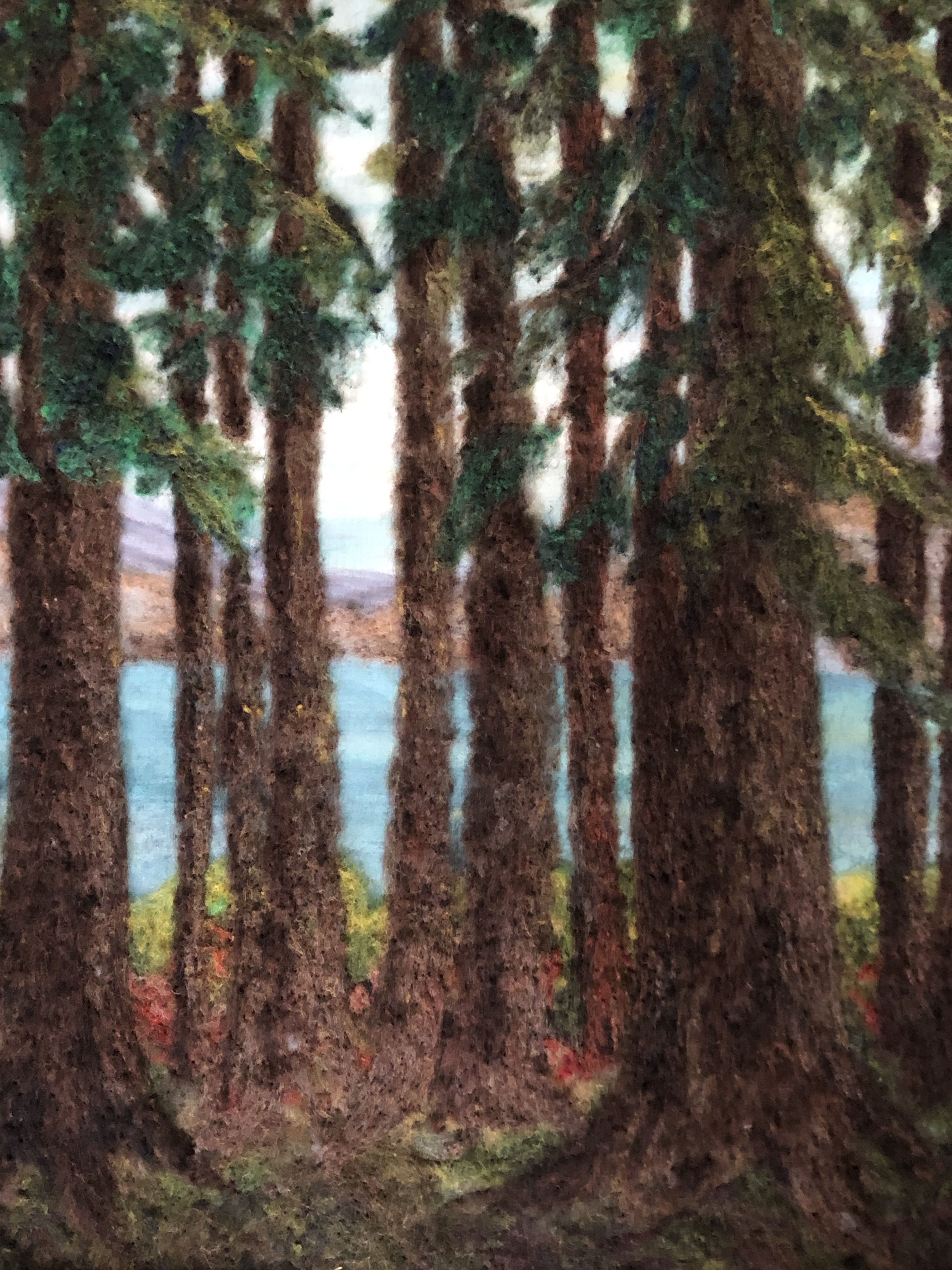 Felt rendering of forest scene with water in the background.