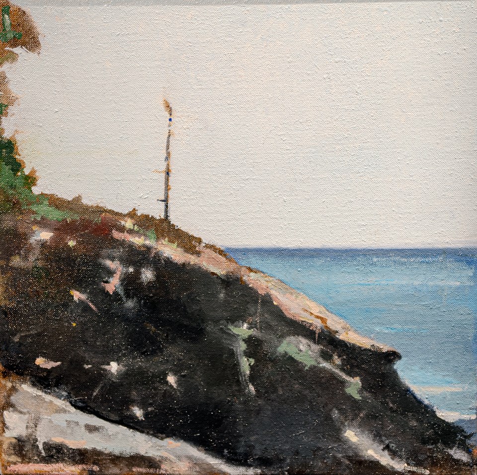 Painting of coastal shoreline featuring a single tree and ocean horizon in distance