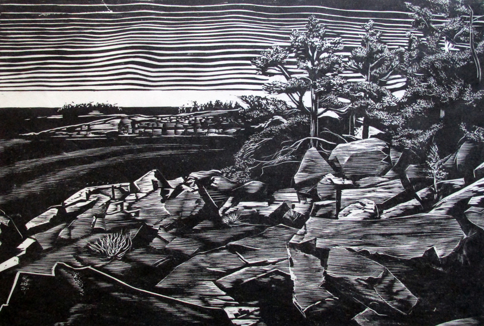 Dramatic high contrast woodcut of Atlantic coastline