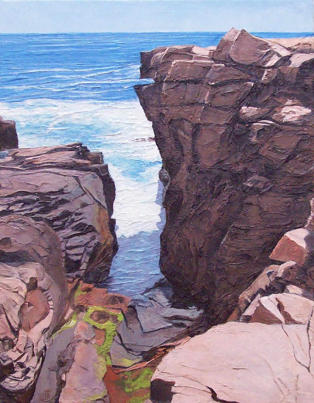 Sculptural Acrylic Painting of Thunder Hole. Large cliffs with ocean in the background.