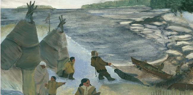 an artist depiction of historic Wabanaki people harvesting a seal