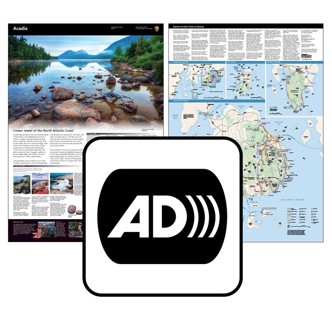 Two thumbnail reference images of Acadia's two-sided souvenir park brochure