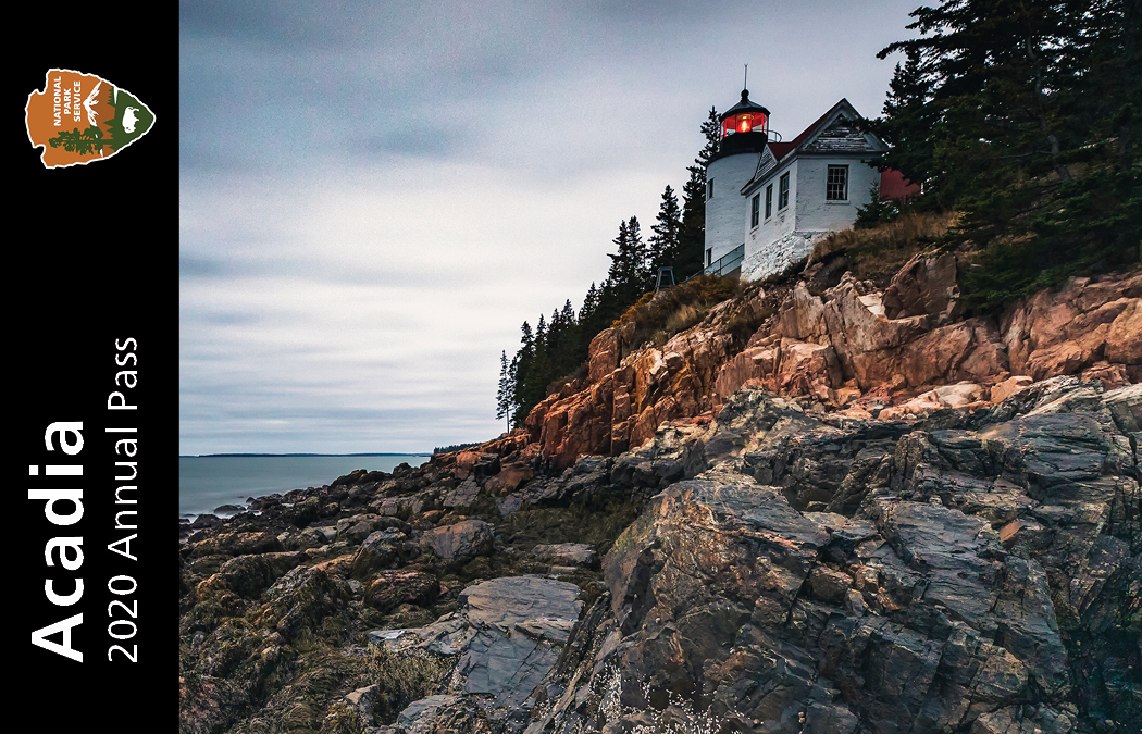 Mock up of annual pass with label and arrowhead on left, and a photo of the Bass Harbor Head Lighthouse