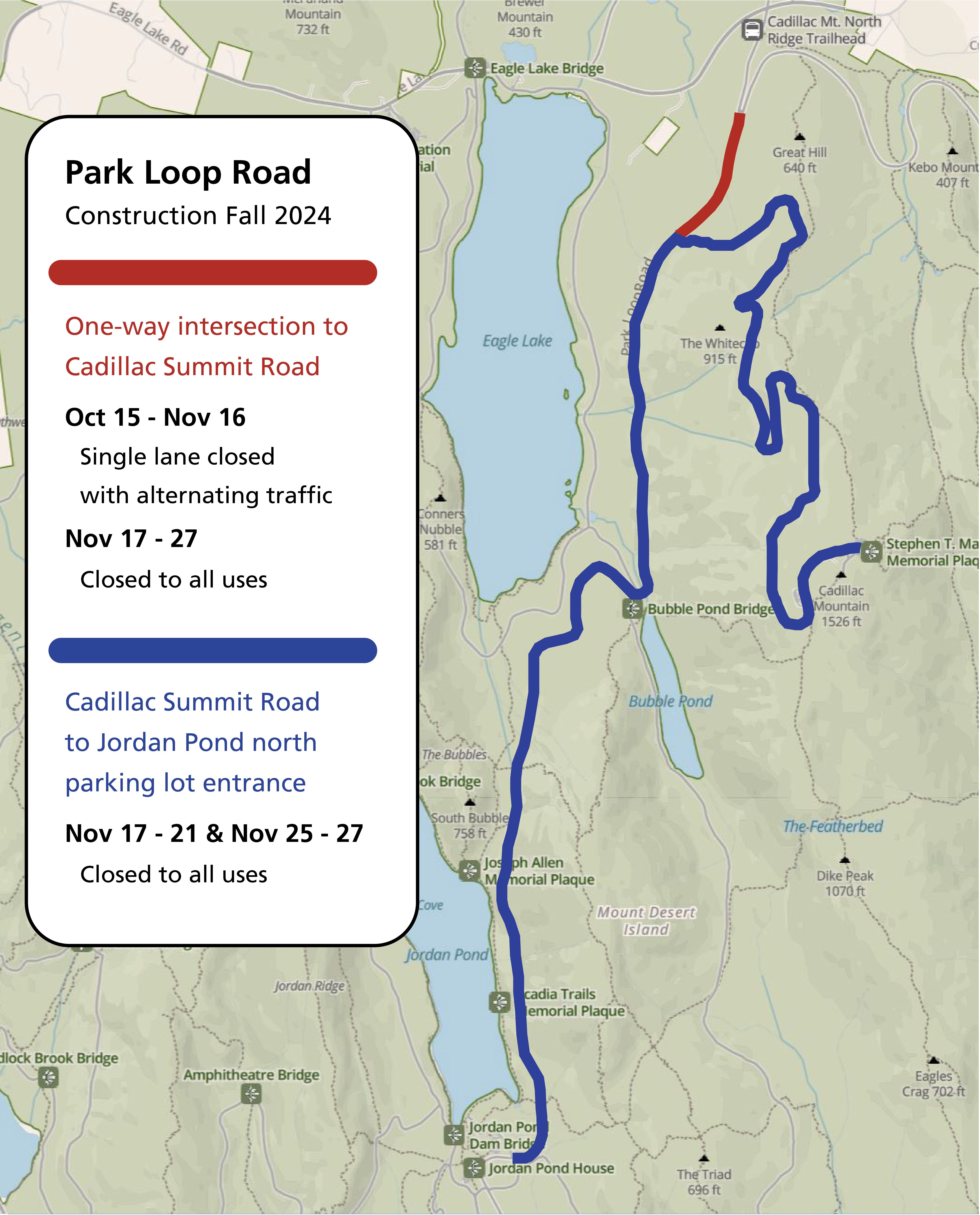 Map graphic depicting closures between the one way intersection of the Park Loop Road, Cadillac Summit Road, and Jordan Pond north parking lot.