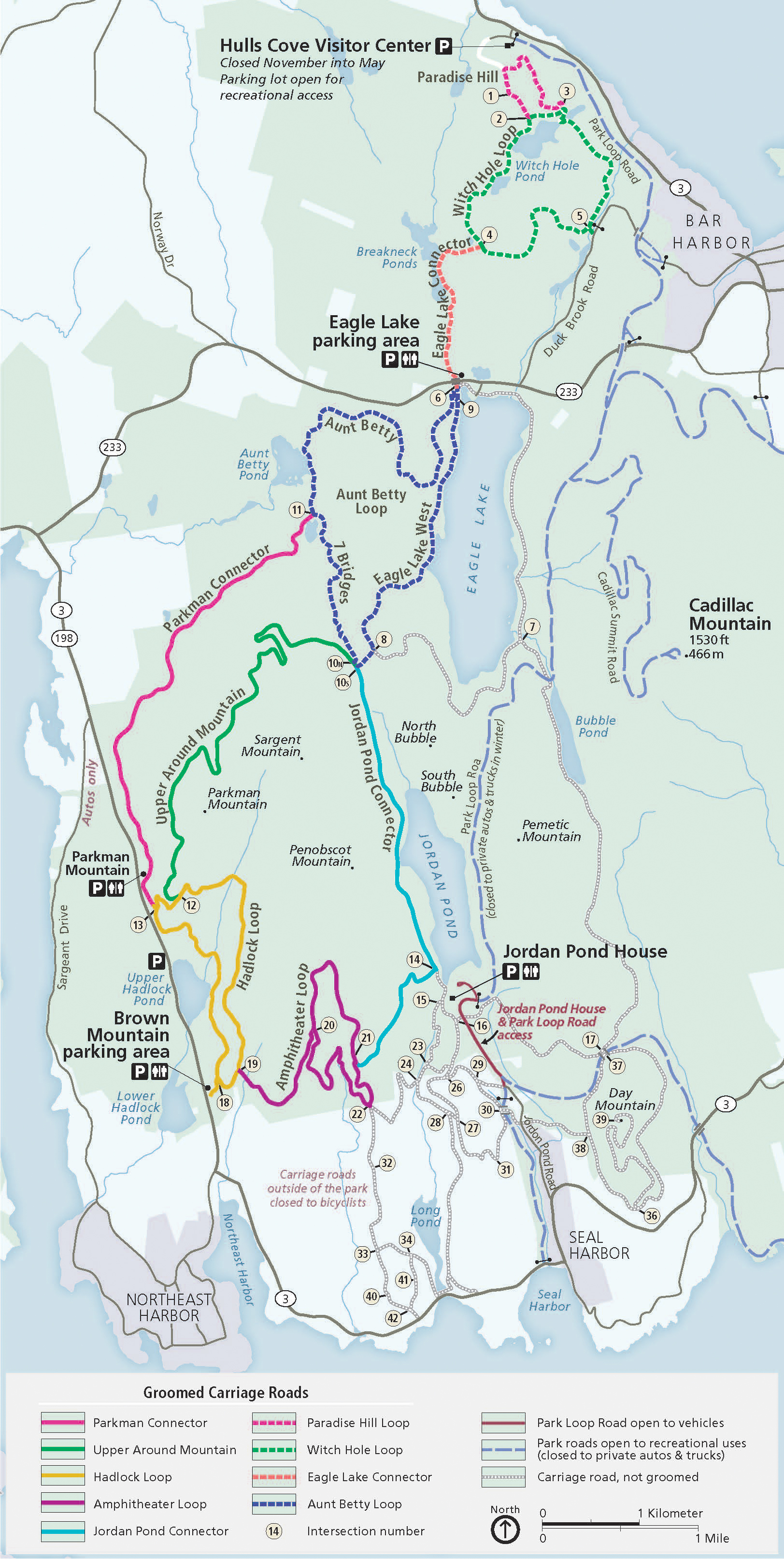 Map of ski trails groomed by Friends of Acadia