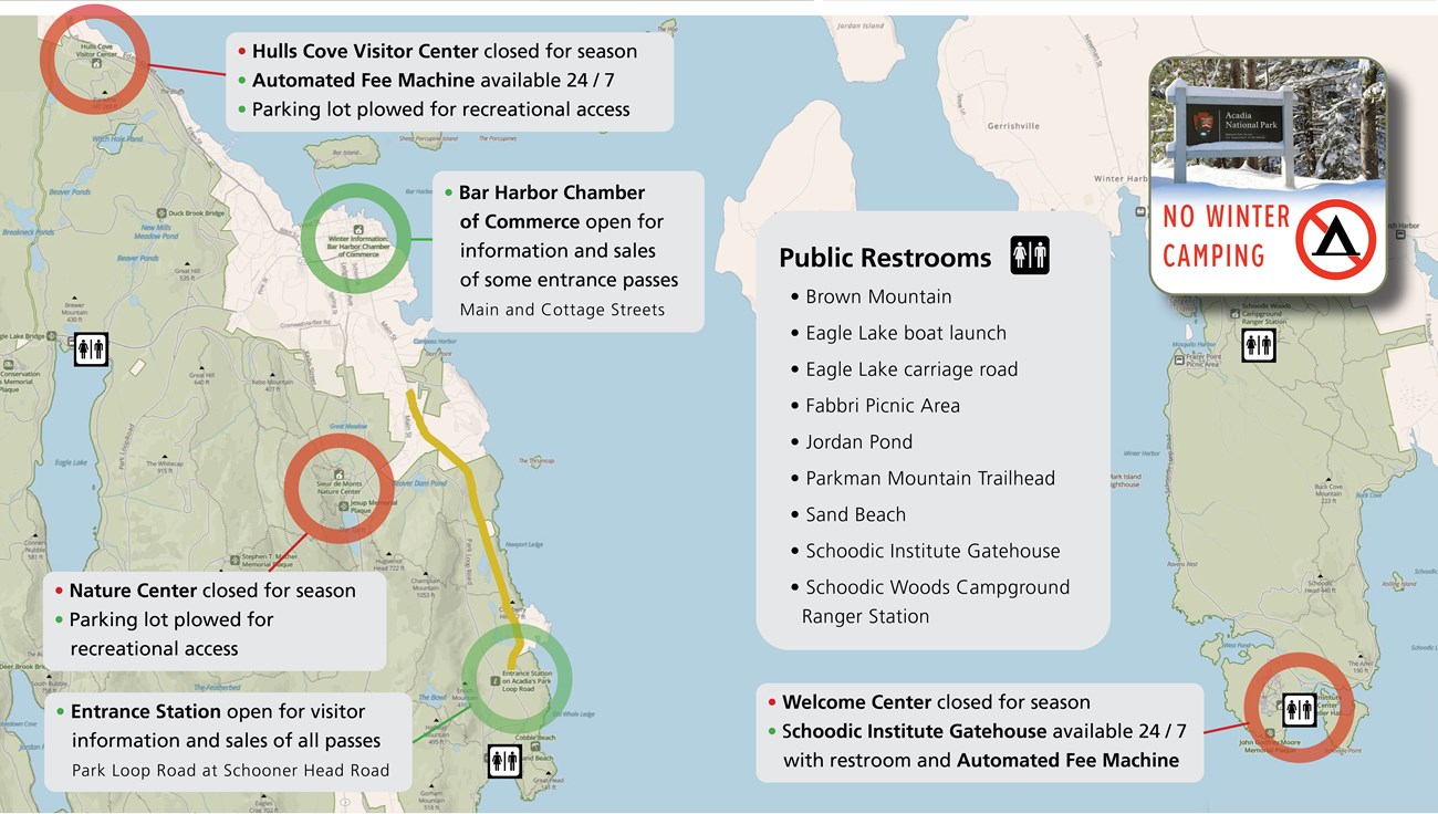 Graphic of a map with labels of facilities that are open or closed in winter