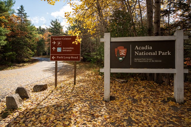 Along a roadway in a forested area there is a park entrance sign for Acadia National Park and a road sign with a brown background and white letters indicating turn arrows for parking, an accessible entrance, and the Park Loop Road.