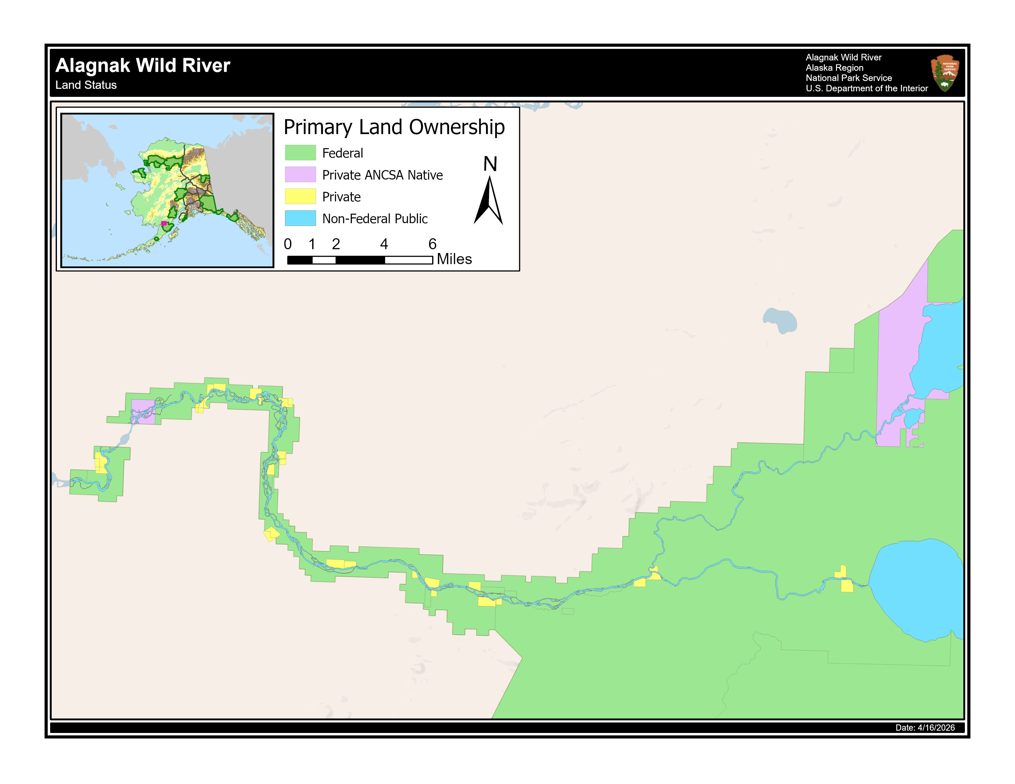 A map showing land ownership along Alagnak Wild River